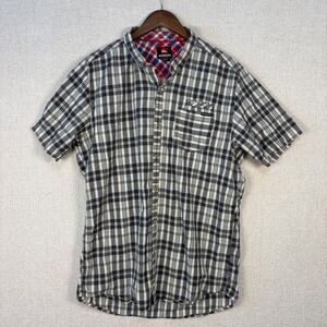Quiksilver Mens XL Short Sleeve Button Down Shirt Plaid Black White Casual